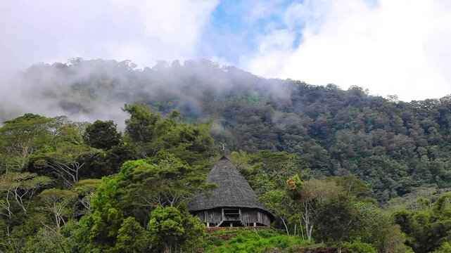 Wae Rebo traditional village the house roofs covered with straw remote indonesian village Labuan Bajo Indonesia