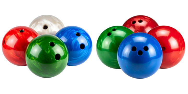  Set of Three Glossy Bowling Balls in Different Colors, isolated on transparent background PNG