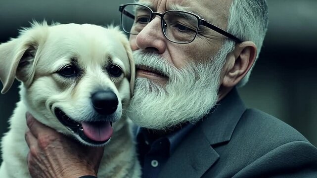 Elderly man cuddling his dog, showing love and companionship. The man has a long white beard and glasses, and the dog is a small, light-colored breed.  