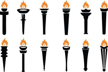 Torch with flame as victory champion icons set isolated on white background. Olympic symbol with red flame. Different style fire flames on white background. Editable vector, EPS 10.