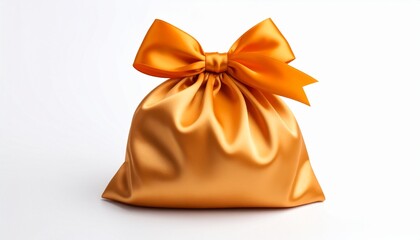 Gift silk pouch with orange bow isolated on white background