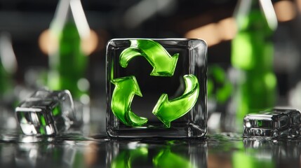Green Recycling Symbol Frozen in Ice Cube: Sustainable Future