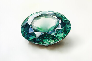 Fototapeta premium A beautifully detailed watercolor illustration of a sparkling green emerald gemstone on a white background.