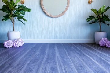 Elegant room showcasing potted plants, purple hydrangeas, and a stylish mirror, with a blue wall.