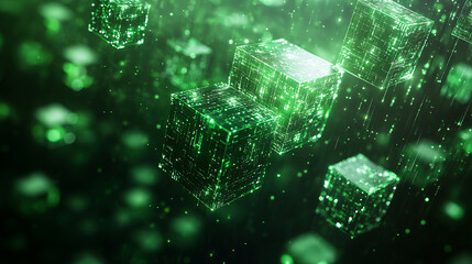 Abstract 3D cubes on dark green background representing digital transformation, site migration, and modern technological processes in a futuristic style.