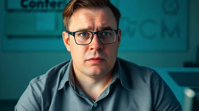 A portrait of a man with glasses showing a look of confusion and thoughtfulness