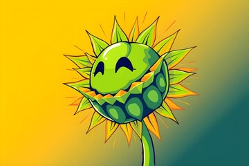 Cartoonish sunflower with smiling face and closed eyes, featuring vibrant green petals and yellow-orange accents, set against a yellow-to-green gradient background