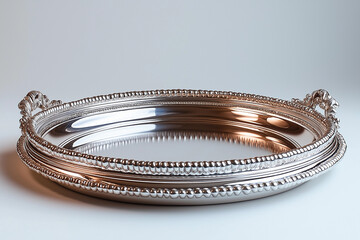 A beautiful, polished silver tray with intricate details, perfect for serving dishes.