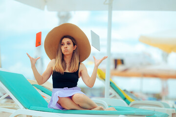 Woman Throws away Gadgets to Make her Life Easier on Vacation. Tourist doing social media and technology detox 
