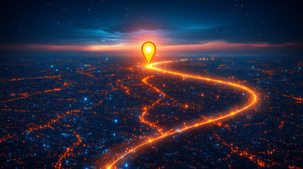Abstract futuristic tech roadmap illustration with gold marker on pathway, symbolizing infrastructure upgrades, innovation, and future technology concepts.