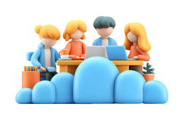 Stylized 3D illustration of a team working collaboratively in a cloud environment