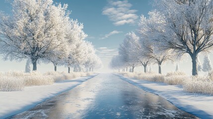 Obraz premium A snow-covered road lined with frosted trees leads to a light horizon. Use for holiday cards, travel blogs, or winter wonderland themed projects.