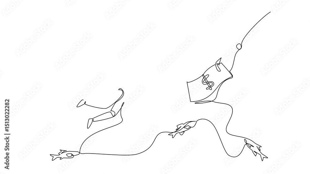 Poster self drawing animation of single one line drawing robot swims and reaches for banknotes attached to 