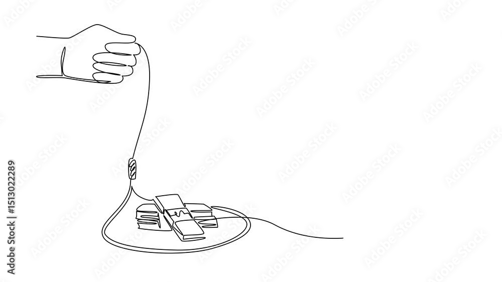 Poster animated self drawing of single continuous line drawing man in casual clothes walking towards a rope