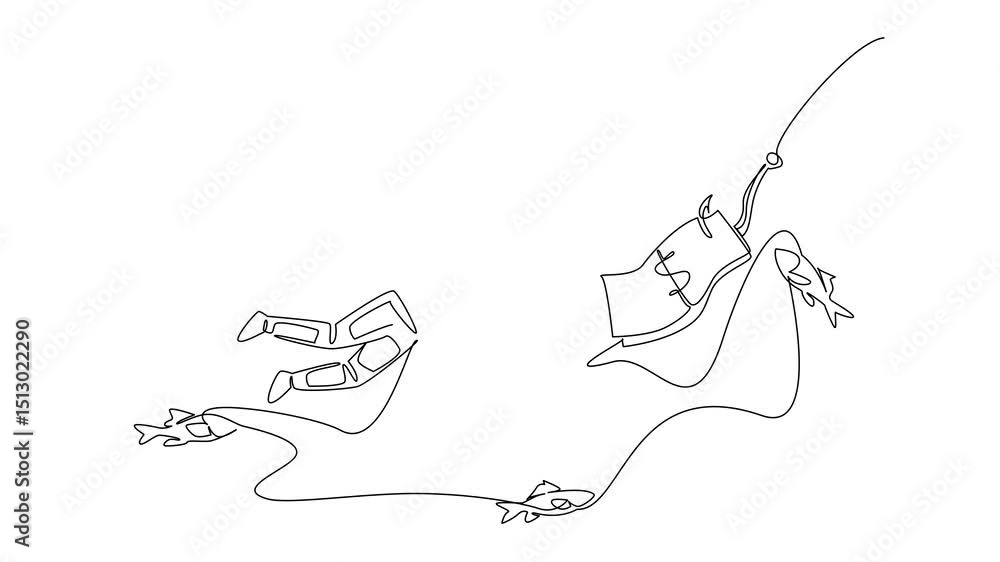 Poster animation of continuous one line drawing astronaut swims and reaches for banknotes attached to a hoo