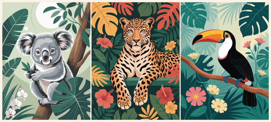 Set of Jungle retro posters with different exotic animals. Trendy vintage style wall art, card, print template in vivid bright colors. Vector flat illustrations