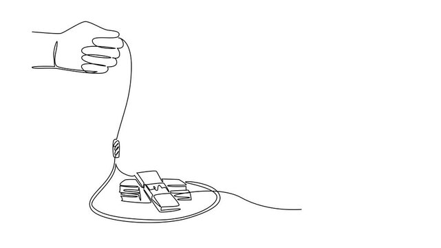 Animated self drawing of single continuous line drawing man in casual clothes walking towards a rope trap containing several stacks of banknotes. Debt to lifestyle. Money Bait. Full length animation