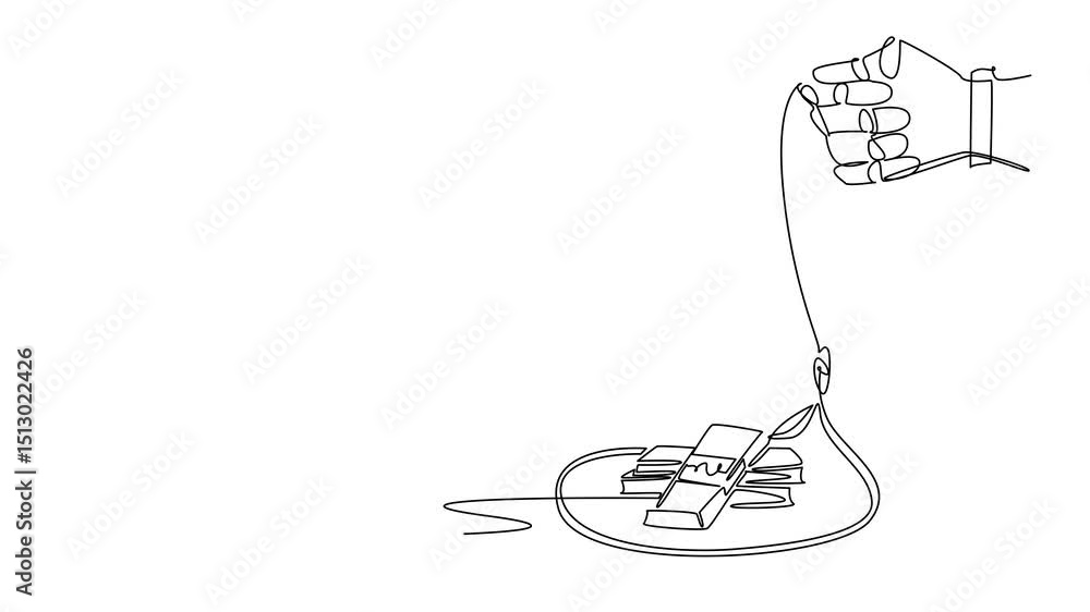 Poster self drawing animation of continuous one line drawing robot walking towards a rope trap containing s