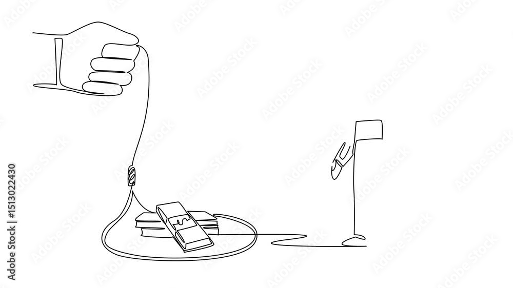 Poster animation of single one line drawing astronaut walking towards a rope trap containing several stacks