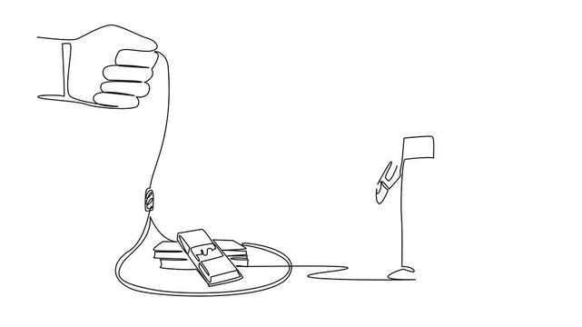 Animation of single one line drawing astronaut walking towards a rope trap containing several stacks of banknotes. Dangerous traps. Ruining the expedition. Money Bait. Full length motion