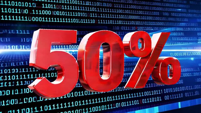 A bold "50%" set against a binary code background. The digits and symbol stand out in red, emphasizing the discount or percentage