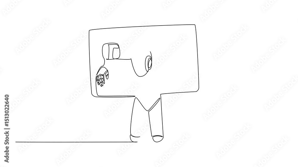 Poster animation of continuous one line drawing a robot trapped head and both hands in large credit card. a