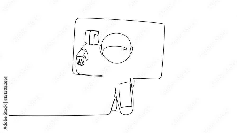Poster self drawing animation of single one line drawing an astronaut trapped head and both hands in large 