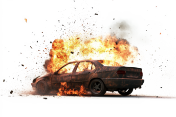 Car Explosion Scene Dramatic Fiery Crash Impact Destruction Mayhem Blaze Inferno Fire Disaster Accident Burning Vehicle