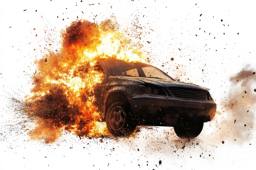 Fiery Car Crash Explosion Dramatic Scene Intense Burning Vehicle Action Movie Still