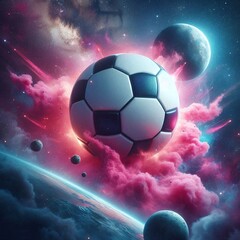 Cosmic Soccer Ball Surrounded by Vibrant Nebula in Outer Space. Generative AI