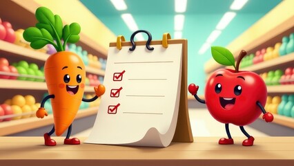 Fototapeta premium Two cartoon characters, one of which is a carrot, are standing in front of a white piece of paper wi