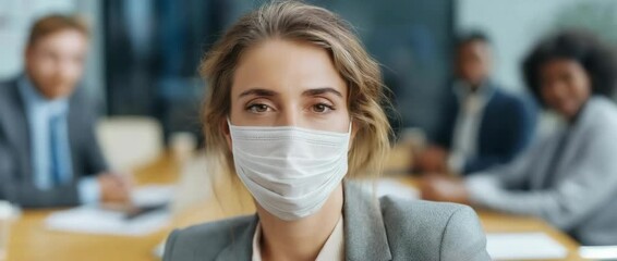 Professional woman wearing a face mask while working in a modern office or coworker space. - Powered by Adobe