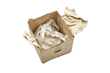 Open Cardboard Box Filled with Crumpled Brown Packing Paper: A Detailed Close-Up View