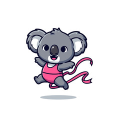 Joyful Gray Koala in Pink Jumpsuit Leaping Over Pink Ribbon, Pixel Art Illustration