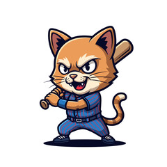 Orange Tabby Cat in Baseball Uniform Holding Bat Pixel Art Illustration