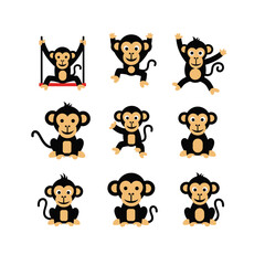 Nine Cute Pixel Art Monkeys in Various Playful Poses