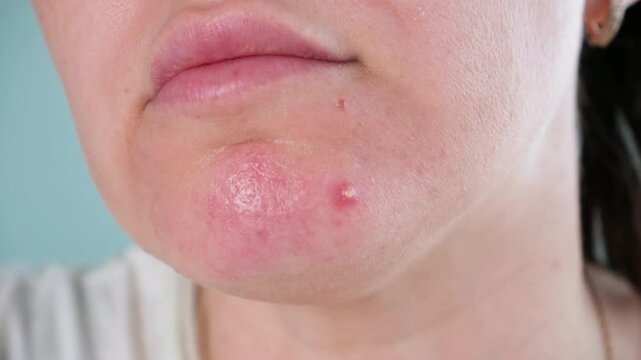 Purulent pimple on a woman's face. A woman uses a skin cleansing tool.