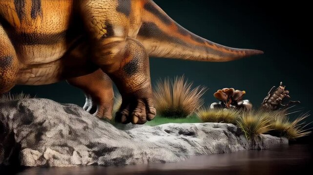 Majestic brown and orange Torosaurus stands on rocky ground with sparse vegetation in a prehistoric environment creating a detailed scene