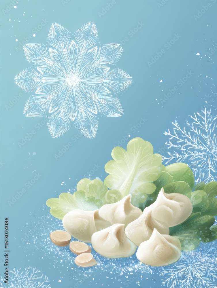Poster frozen dumplings and vegetables with a stylized snowflake on a bright background during winter seaso