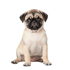 Obraz premium Cute pug puppy with round face and big eyes, sitting gracefully against plain background, radiating charm and playfulness