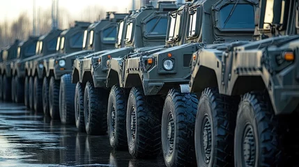 Tableau sur plexiglas Véhicules A formidable line of military vehicles showcases modern strength and readiness during a parade or exhibition with a gray  © Hussain