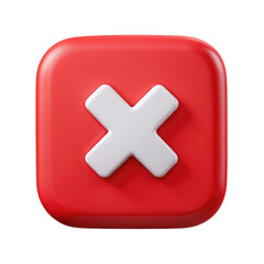 Obraz premium Red Square Button with White Cross Mark 3d icon in cartoon plastic style minimal isolated on transparent white background, clipping path