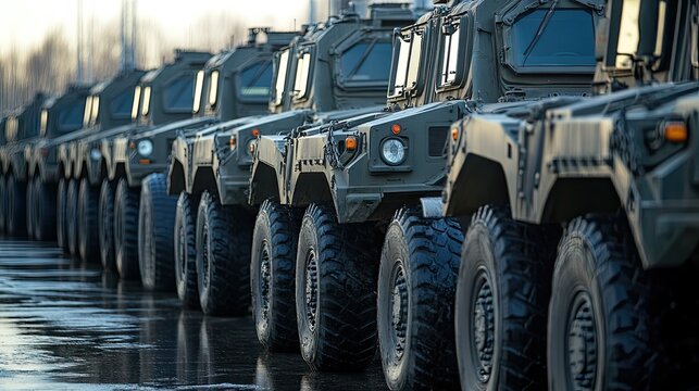 A formidable line of military vehicles showcases modern strength and readiness during a parade or exhibition with a gray