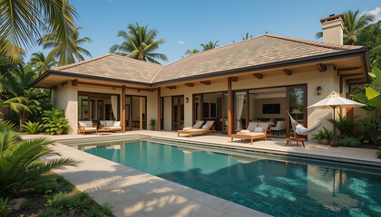 Fototapeta premium A contemporary beige villa with offset rooflines, a wide patio with rope hammock, rustic furniture, and a polished stone pool area, surrounded by tropical plants.