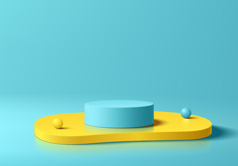 Blue 3D cylindrical podium background with yellow free forms pedestal in Summer scene. Minimalist mockup pedestal or Abstract product display presentation, Stage showcase. Platforms vector geometric.