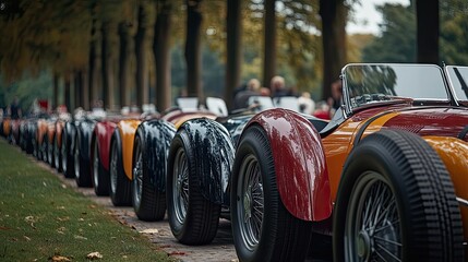 A nostalgic gathering of vintage race cars lined up along a tree lined avenue evoking speed elegance and timeless design