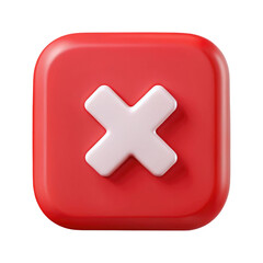 Obraz premium Red Square Button with White Cross Mark 3d icon in cartoon plastic style minimal isolated on transparent white background, clipping path