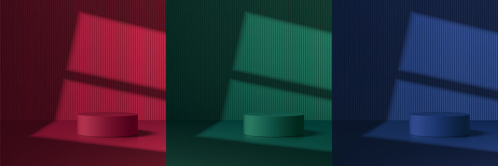 Plakat Set of 3D dark red, green and blue cylindrical podium background with window lighting. Studio wall scene. Minimalist 3D mockup pedestal. Abstract stand product display presentation. Stage for showcase