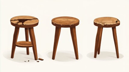 Three-legged stool icon set: stable, wobbly, broken