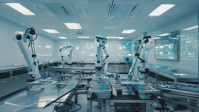 A clean laboratory setting with robotic arms assembling microchips, screens displaying data analytics &mdash; high-tech lab loop in 4K.